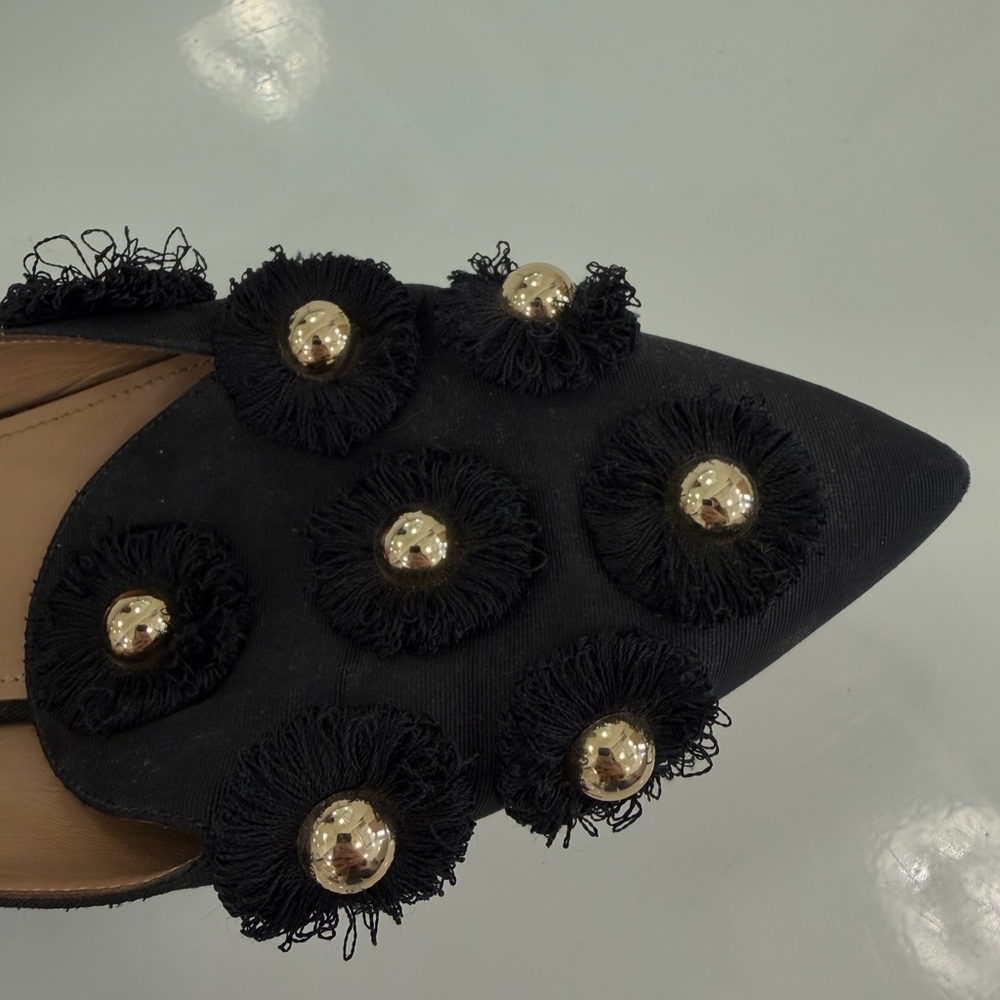 Aquazzura Black and Gold Fringe Stud Pointed Slide Mules - Picture 8 of 8
